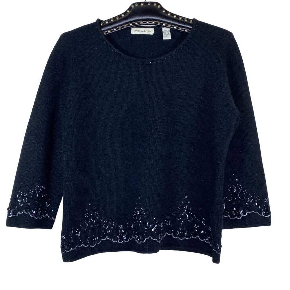 Amanda Smith Black Beaded 3/4 Sleeve Wool Rabbit Sweater Large